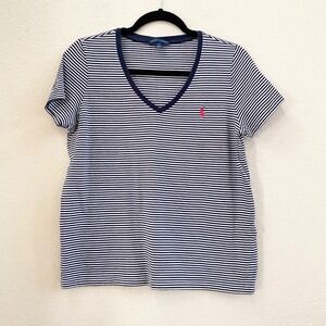 Ralph Lauren Womens Striped V Neck T Shirt Pink Pony Logo Size Large 100% Cotton
